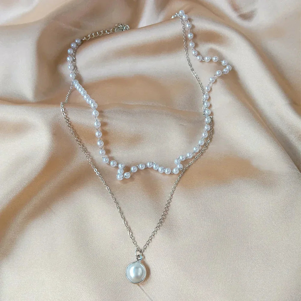 Fashion Kpop Pearl Choker Necklace Cute Double Layer Chain Pendant For Women Jewelry Girl Gift