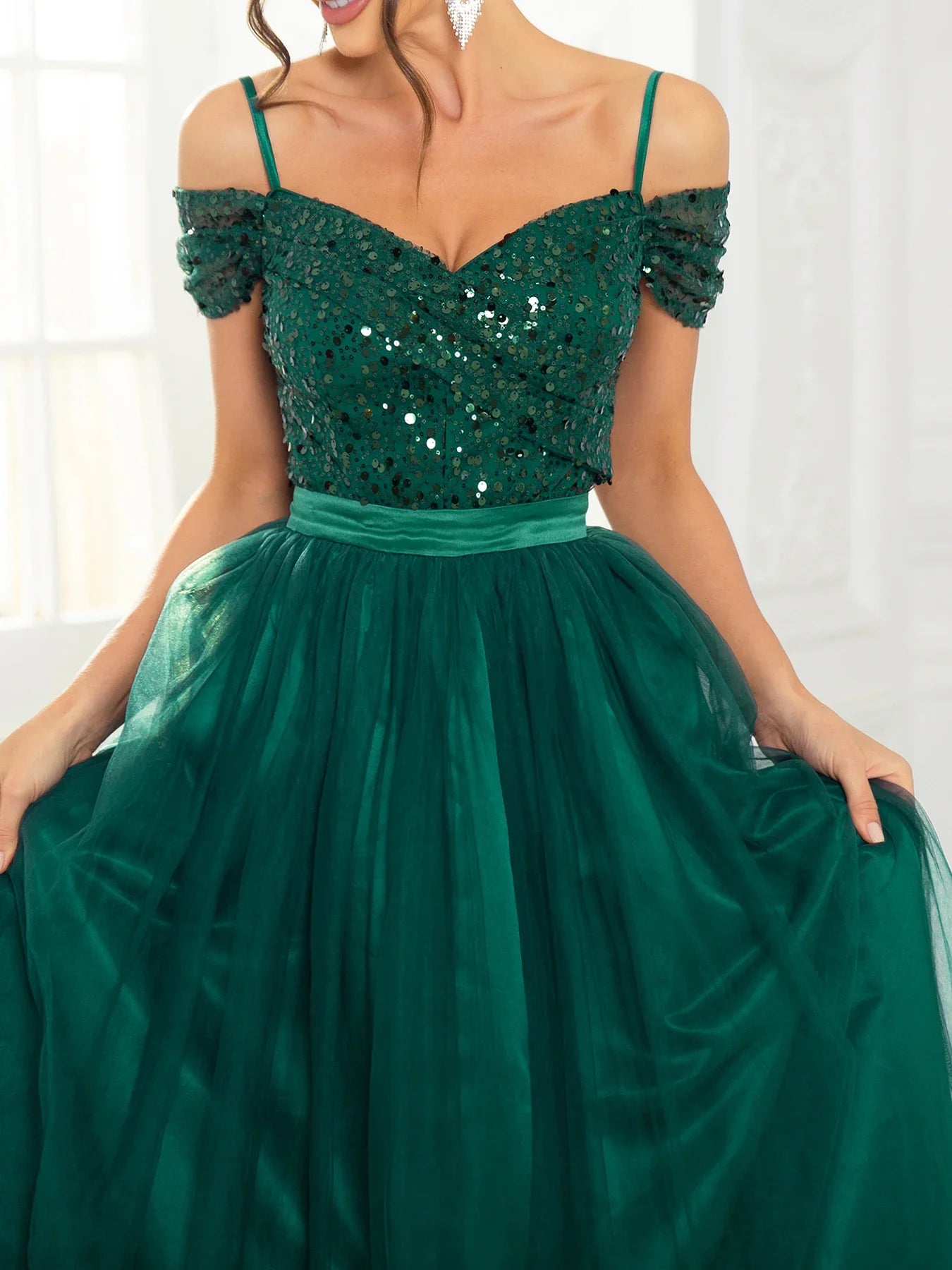 A Line Prom Evening Gown Off the Shoulder Backless Lace Up Sequin Patchwork Mesh Skirt Maxi Dresses for Women