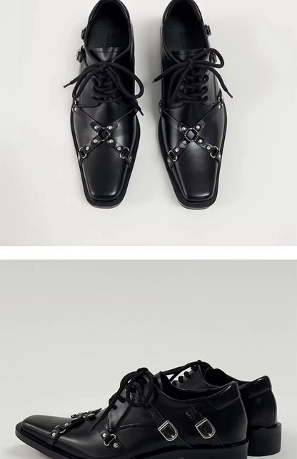 Men's formal leather shoes pointed niche design dark style Oxford shoes strap metal decoration business casual derby shoes