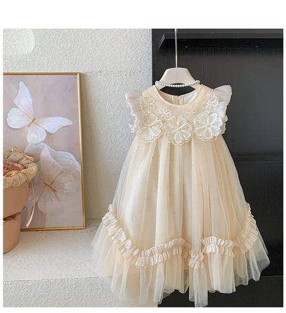 2025 Summer Dress for Girls with Flying Sleeves, Three-dimensional Flower Mesh Korean Version, Birthday Princess Fluffy Skirt