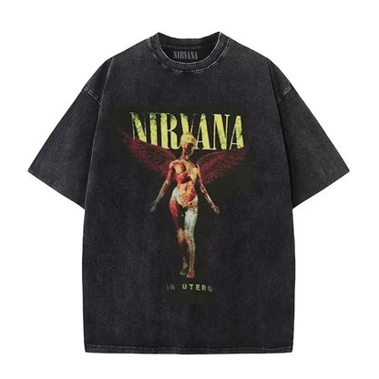 Nirvana rock band men's Retro cotton Washed Tee In Utero album man Women's oversized Y2K distress Tshirt Casual Loose streetwear