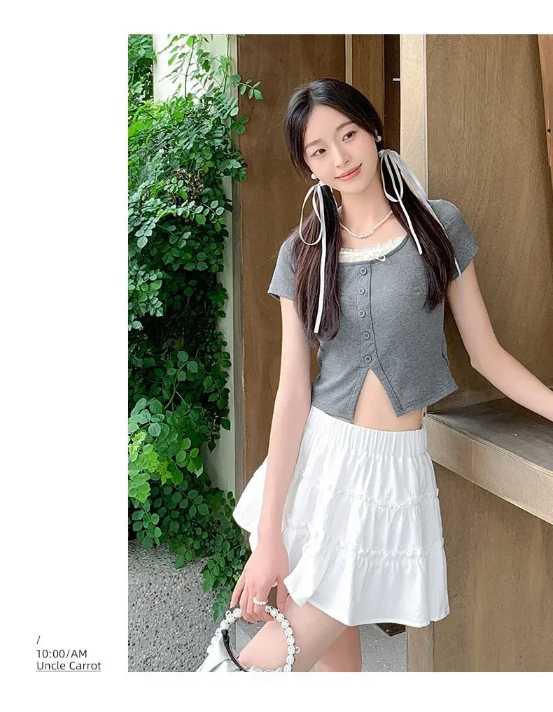 Elegant pink mini dress new summer thin style French ballet design cake skirt lace edge WOMEN'S JK skirt