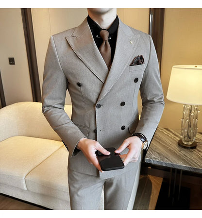 (Jackets+Pants) Luxury Double Breasted Design Slim Fit Suit High Quality Fashion Men's Wedding Social Suit Tuxedo 2 Piece Set