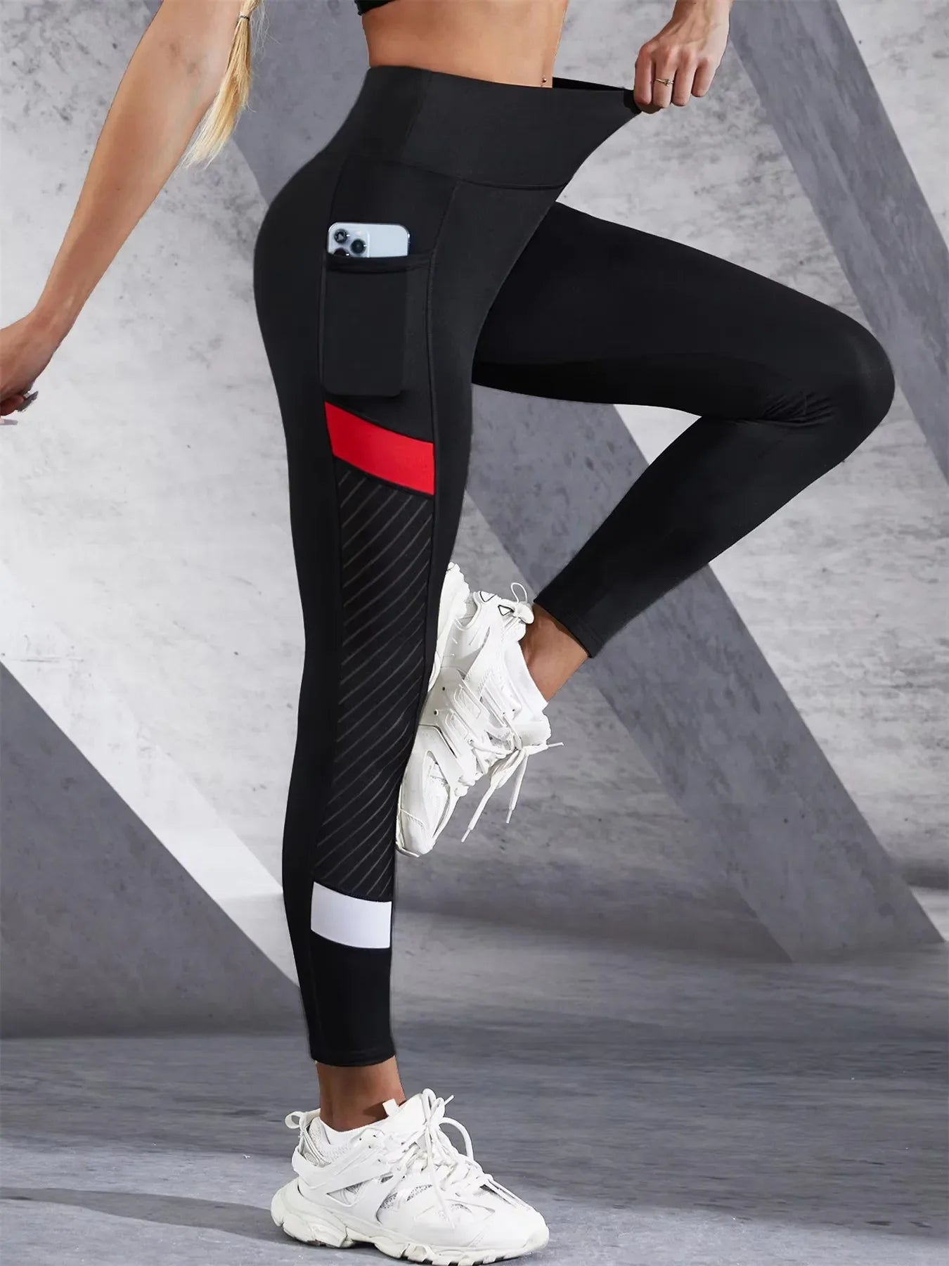 Mesh High Waist Yoga Pants with Side Pockets Leggings for Women Tummy Control Workout Shaping Leggings
