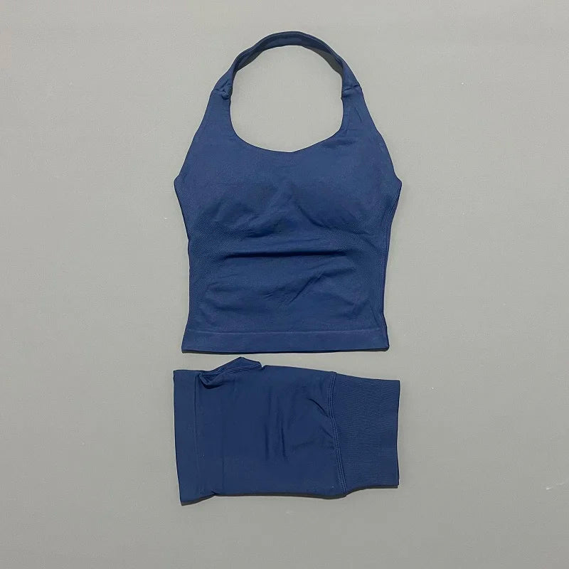 Women Seamless Gym Set 2Pcs Halter Neck Sports Crop Top High Waist Scrunch Butt Shorts Workout Fitness Yoga Tracksuit Sportswear