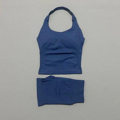 Women Seamless Gym Set 2Pcs Halter Neck Sports Crop Top High Waist Scrunch Butt Shorts Workout Fitness Yoga Tracksuit Sportswear