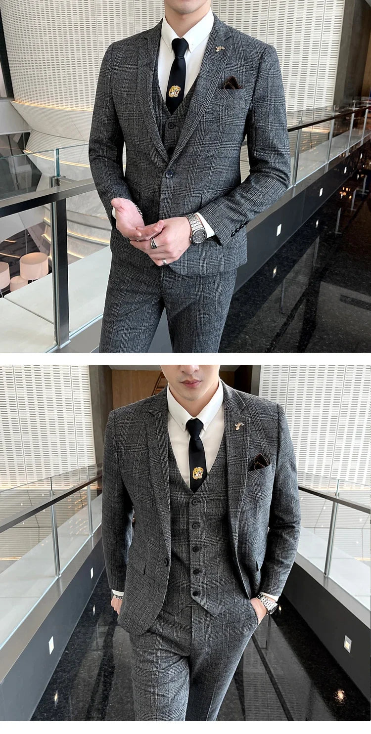Checkered Suit (Blazer+Vest+Pants) Men's Fashion Hosting Work Business Wedding Casual Linen Art Style Elegant Gentleman's Suit