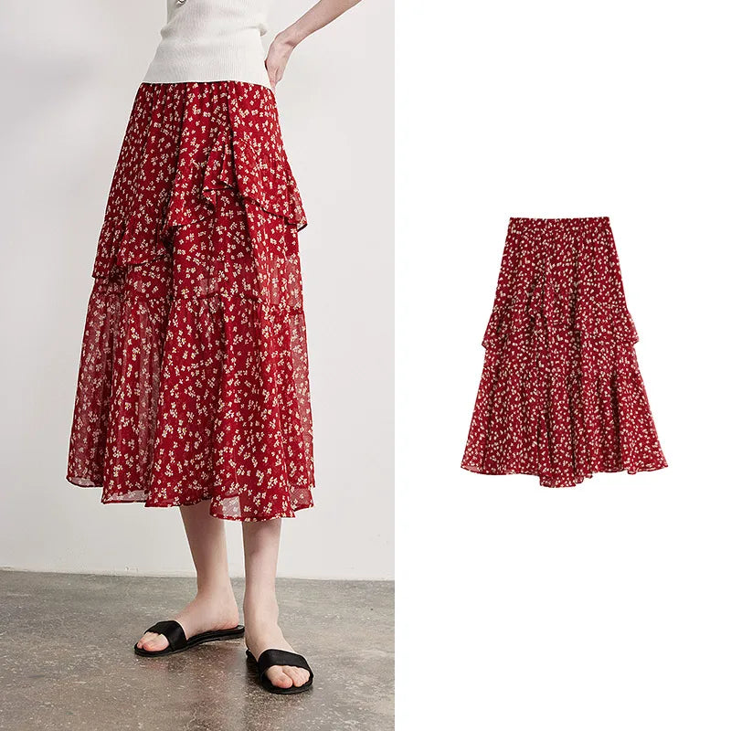 Women Chiffon Skirt 2026 Spring New Country Style Light and Flowing Floral Print Layered Ruffled Skirt