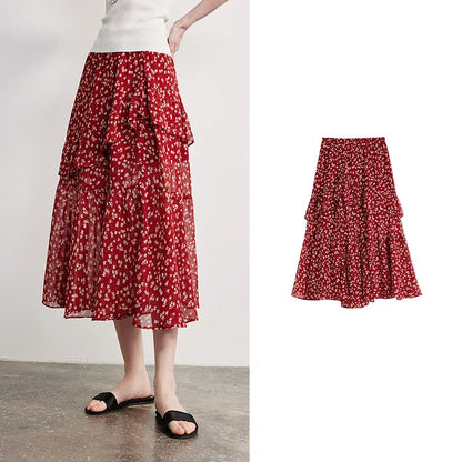 Women Chiffon Skirt 2026 Spring New Country Style Light and Flowing Floral Print Layered Ruffled Skirt