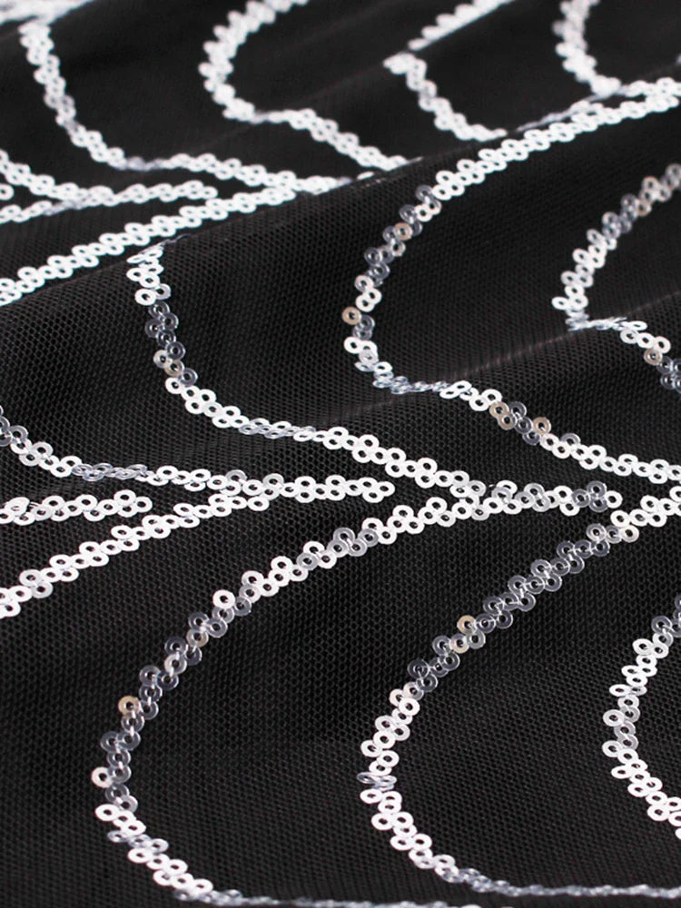 Vestido Formal Longo de Festa com Lantejoulas, Manga Comprida, Gola O Alta, Ombreiras, Forro Comprido, Vestido de Noite para Festa