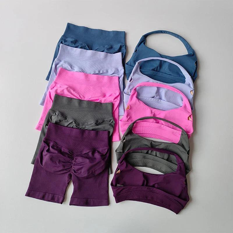 Sexy Halter Neck Beautiful Back High Waist Peach Sports Bras Shorts Suit Pilates Gathering Yoga Vest Training Fitness Bra Sets