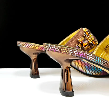 Mature Style Colorful Rhinestone Metal Design Strange High Heel Style Peep Toe Shoes and Bag Set for Party Wedding