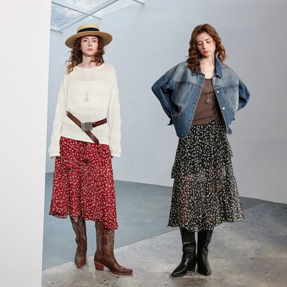 Women Chiffon Skirt 2026 Spring New Country Style Light and Flowing Floral Print Layered Ruffled Skirt