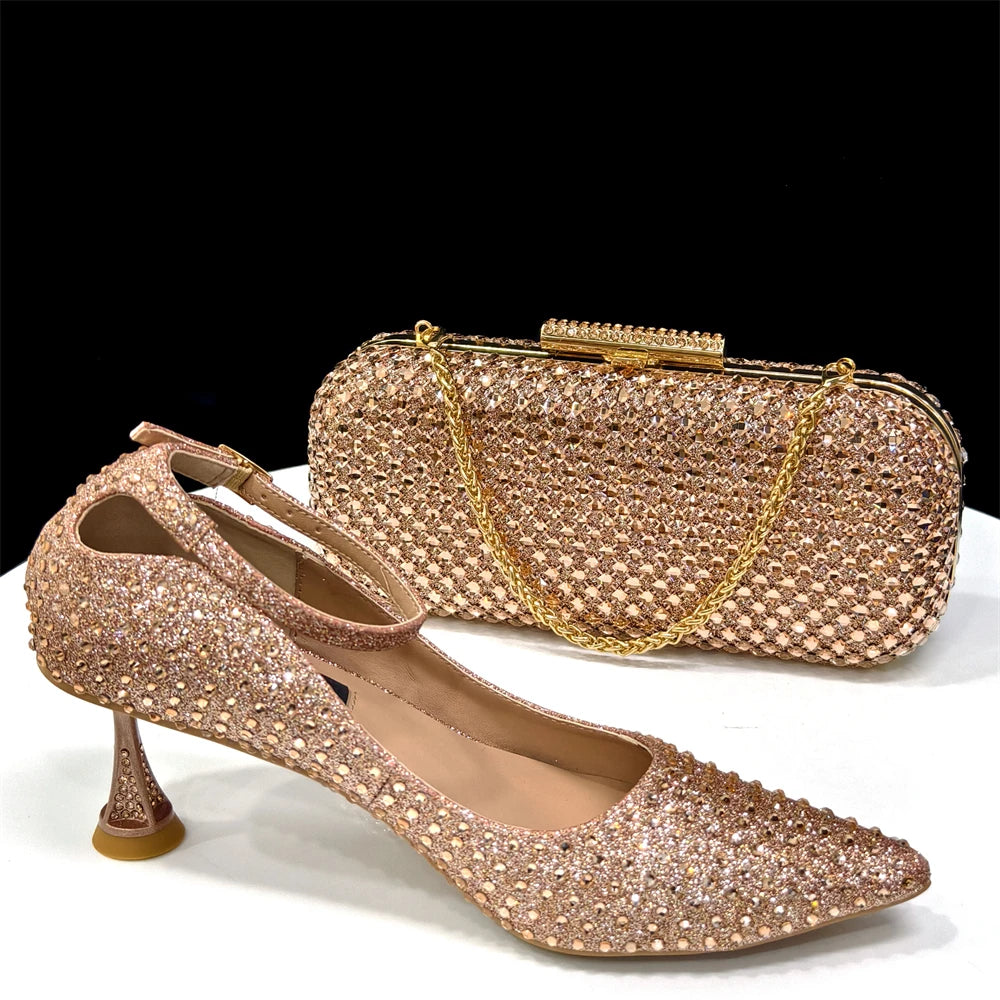 Elegant Fuchsia Women's Heels & Handbag Set – Stunning Rhinestone-Embellished Shoes for Weddings and Special Events