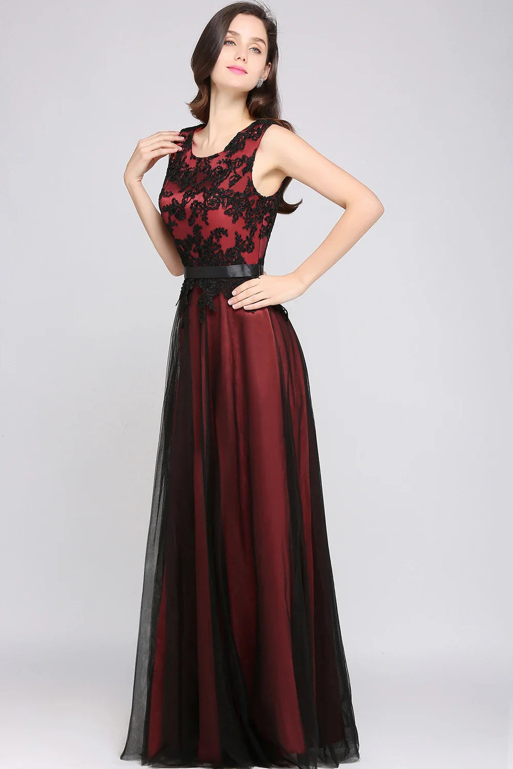 Elegant Black Lace Red Evening Dresses Long Appliques Chiffon With Sashes Pink Green Burgundy Formal Prom Gown Vestido de Fiesta