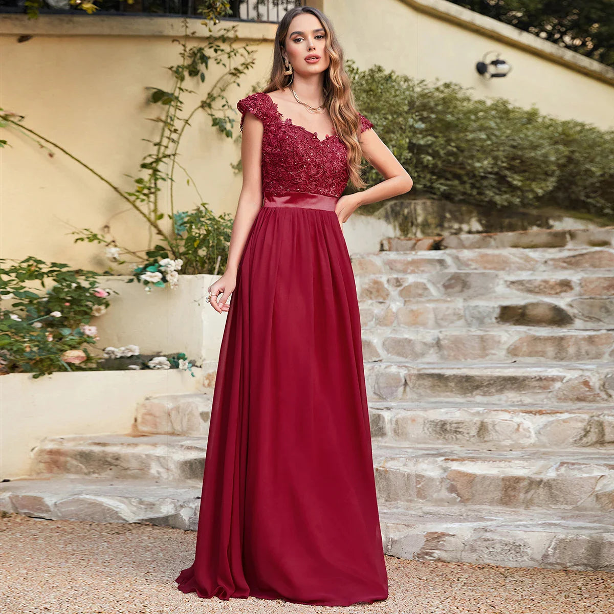 A-line V Neck Sleeveless Floral Lace Chiffon Back Hollow Long Paty Bridesmaid Dress Women 2024 For Wedding Sexy Evening Dress