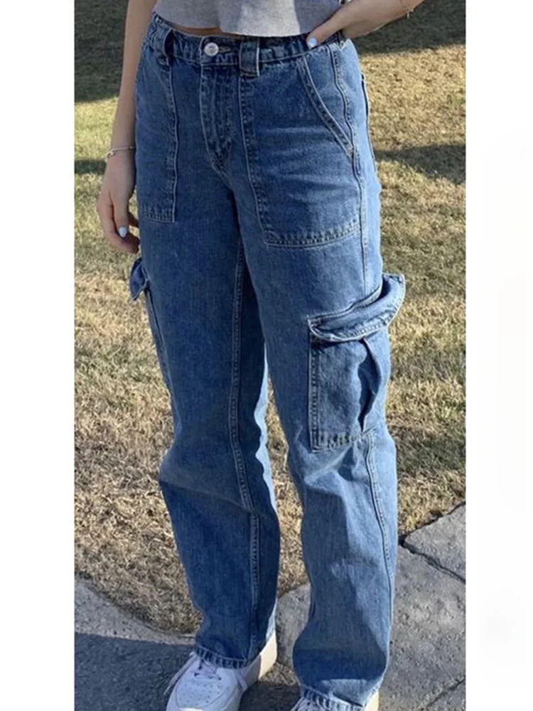 Y2K Punk High Waist Cargo Denim Pants Streetwear Pockets Skater Trousers