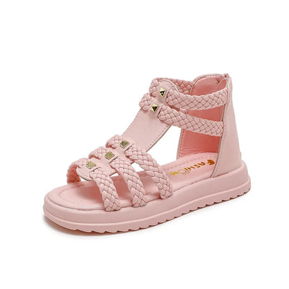 2026 Summer Gladiator Children Sandals Girl Soft Princess Shoes Retro Black Roman Sandal Outdoor Braided Shoe White Kids Shoes