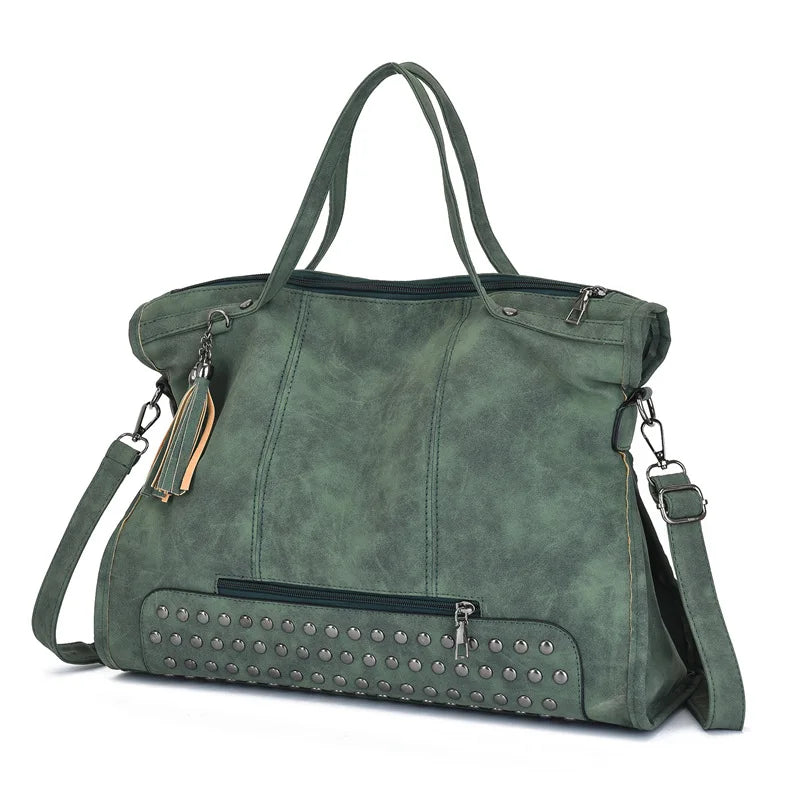 Vintage Designer Luxury Women Tote Bag Casual Lage Capacity Handbags Fashion Rivet Tassel PU Leather Female Shoulder Bag