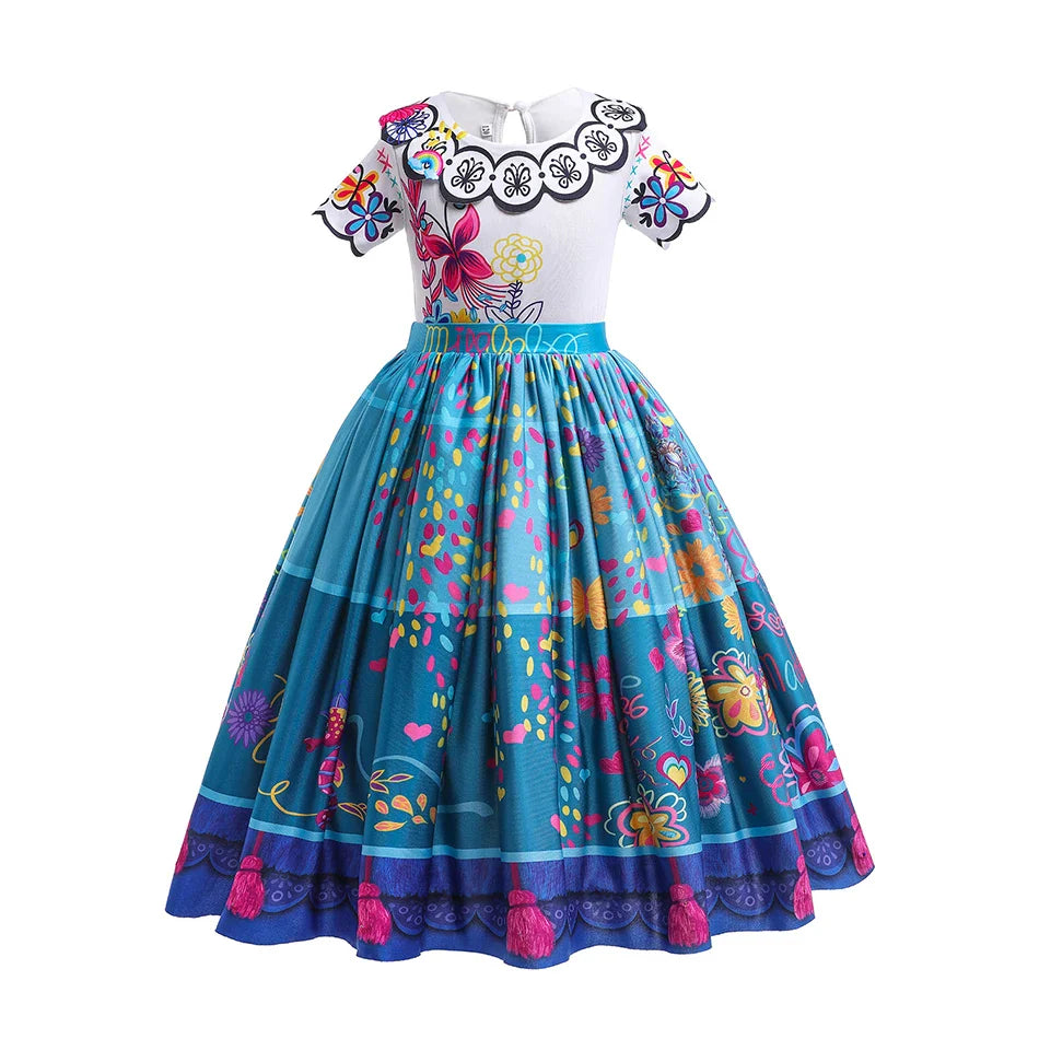 Fantasia Infantil de Princesa para Meninas Encanto Halloween Roupa Rodada Estampada Mirabel Desenho Animado Vestido Cosplay para Crianças 3-12 Anos