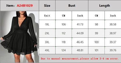 New Sexy V-Neck Short Dress Plus Size Solid Polka Dot Long-Sleeve American Slim A-Line Skirt Elegant Party Women's Evening Dress