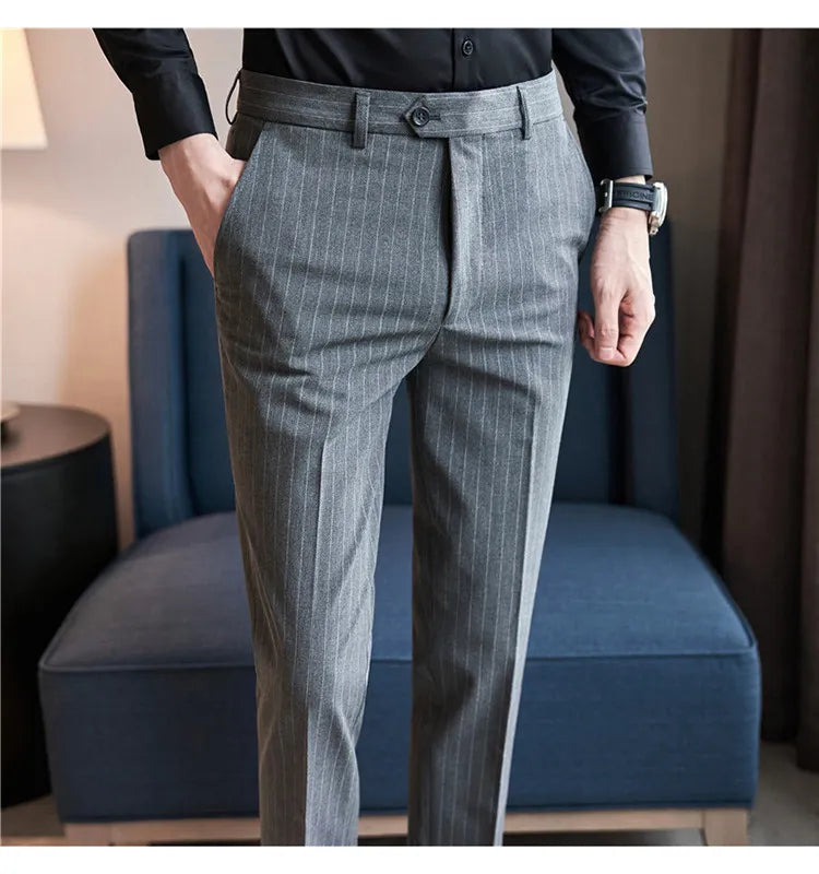 Men's Slim Fit Pinstripe Dress Pants, Stretch Comfort and Thickened Fabric for Business Casual Office Wear