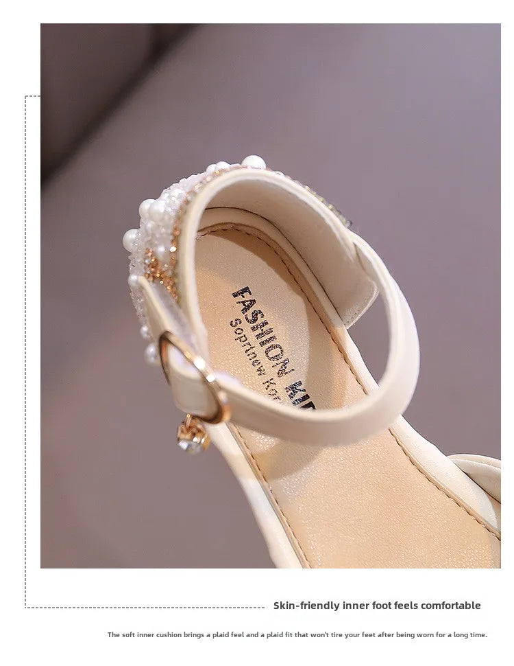 2025 New Summer Style Fashionable Comfortable Casual and Elegant Flat Bow Toe-toe Beaded Wear-resistant Girls' Leather Shoes