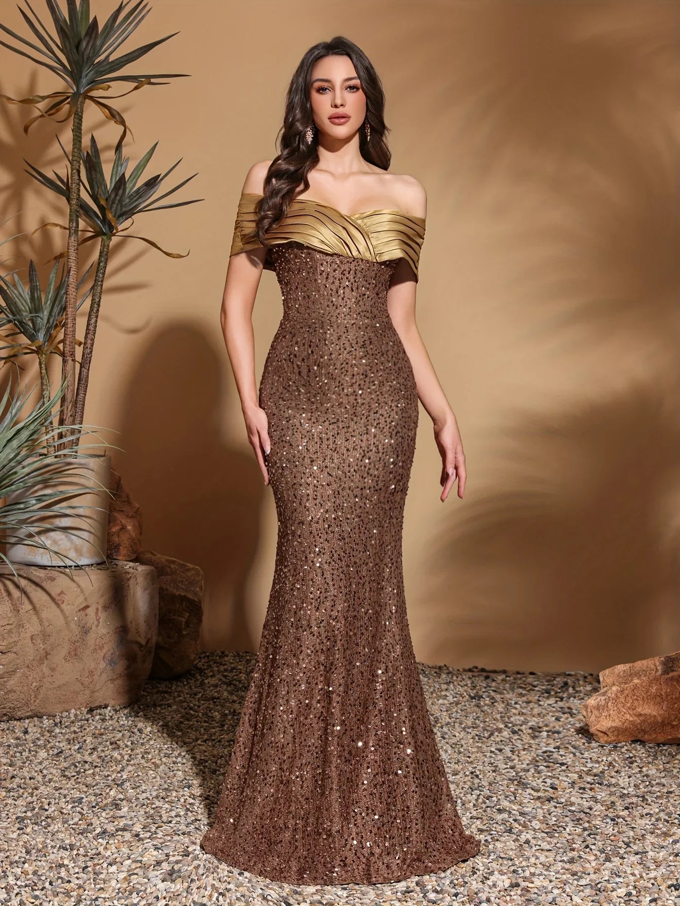 Pleated neckline sequined hip-length dress, elegant and chic dress