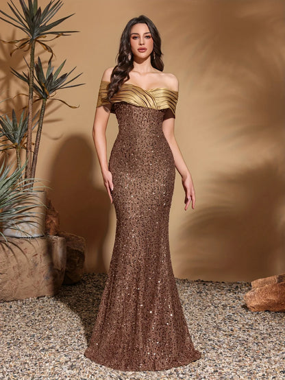 Pleated neckline sequined hip-length dress, elegant and chic dress