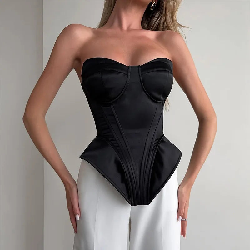 Sexy Fishbone Strapless Short Top Lady Chic Sleeveless Off-shoulder Backless Waist Cinching Blouse Women Vacation Party Tops