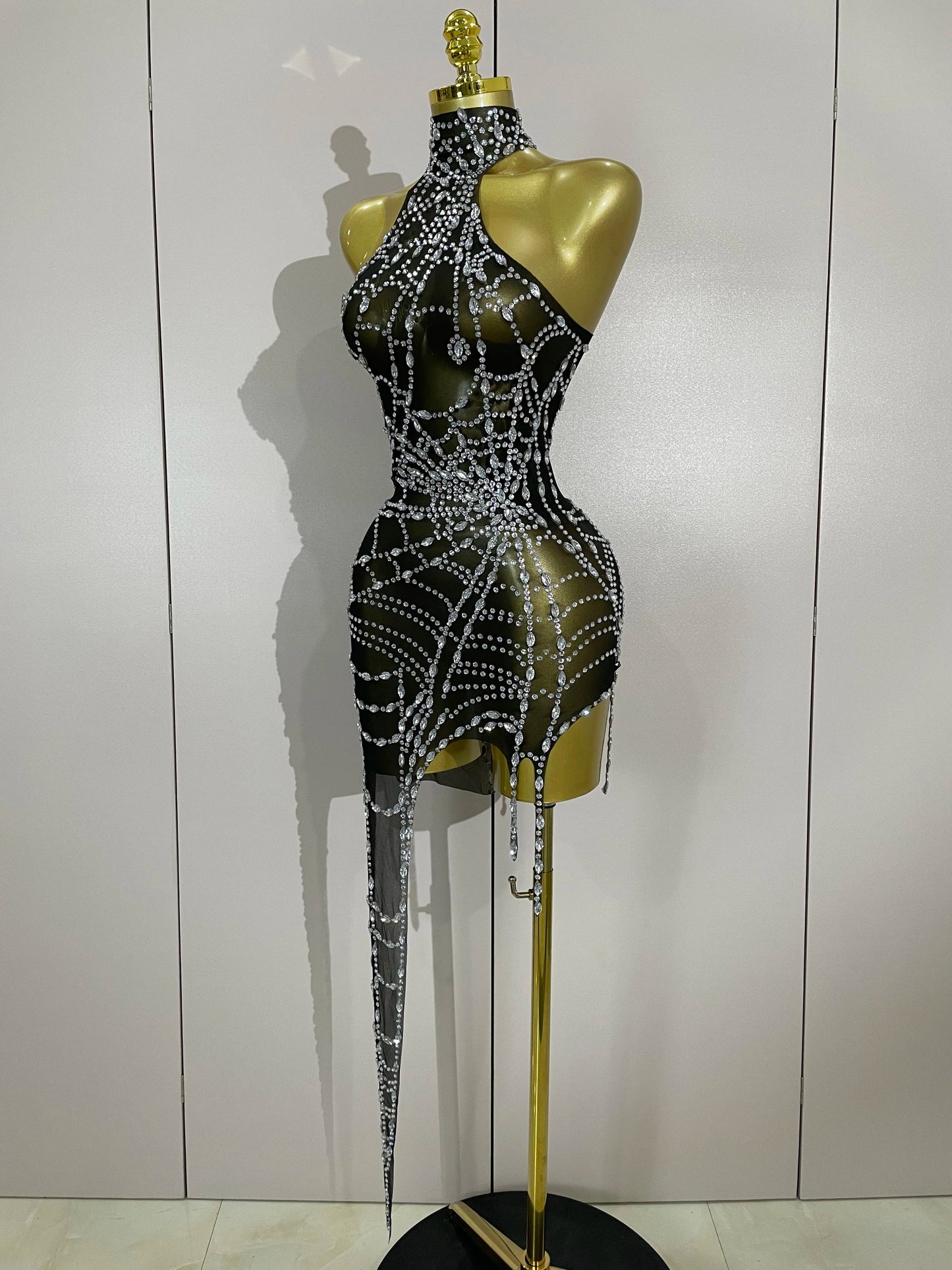 Sparkly Diamond Sexy Mesh Asymmetric Bodycon Mini Dress Women Nightclub Bar Party Show Gogo Dancer Clothing Stage Costume