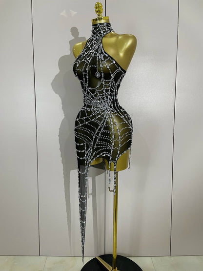 Sparkly Diamond Sexy Mesh Asymmetric Bodycon Mini Dress Women Nightclub Bar Party Show Gogo Dancer Clothing Stage Costume