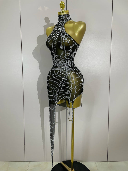 Sparkly Diamond Sexy Mesh Asymmetric Bodycon Mini Dress Women Nightclub Bar Party Show Gogo Dancer Clothing Stage Costume