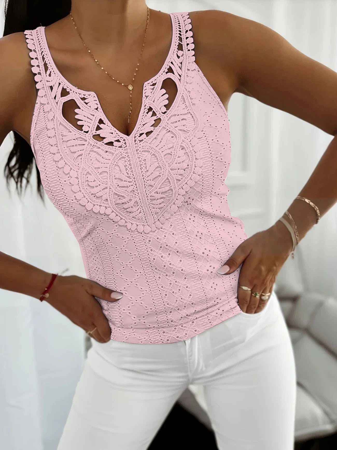 Women's Lace V Neck Sleeveless T Shirts Casual Loose Fiting Tank Tops Solid Color Tee Blouse Summer Sexy Outfits