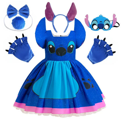 Girl's Dress Cartoon Stitch Movie Dress Cosplay Costume Stage Performance Halloween Carnival Children's Dress Up 12Yrs