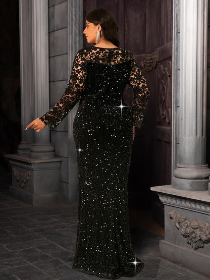 Elegant Curve Evening Dress for Women Lace Full Sleeved Sequined Velvet Hollow Out Modest Maxi Gown