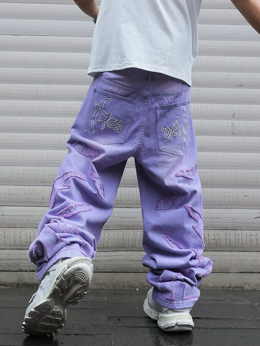 High - street style purple distressed frayed jeans for men, loose, trendy street hip - hop wide - leg pants