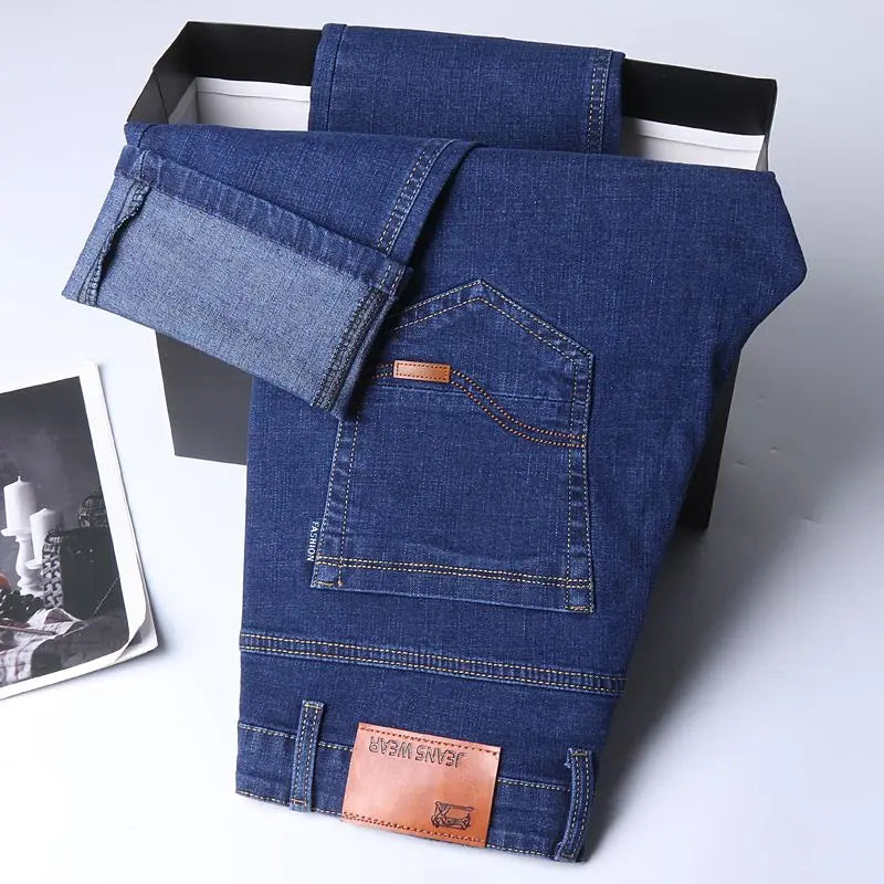 Autumn Spring Business Jeans Men Casual Comfortable Straight Denim Pant Stretch Fashion Classic Soft Premium Blue Black Trousers