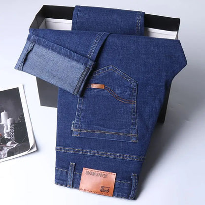 Autumn Spring Business Jeans Men Casual Comfortable Straight Denim Pant Stretch Fashion Classic Soft Premium Blue Black Trousers