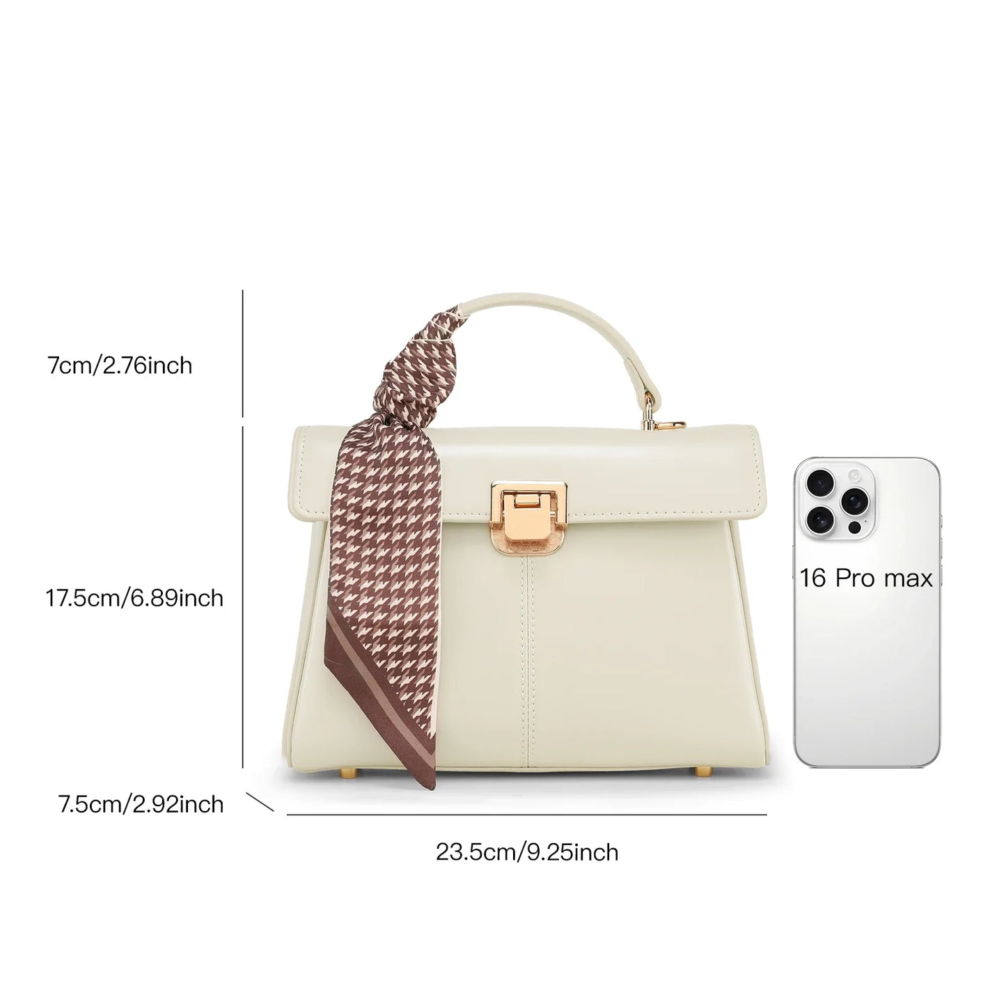 Genuine Leather Handbag with Scarf | Luxury Designer Trendy Shoulder Bag Solid Color Commuting Bag | bags for women gift