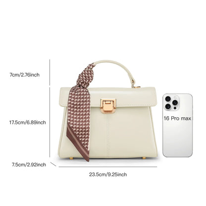 Genuine Leather Handbag with Scarf | Luxury Designer Trendy Shoulder Bag Solid Color Commuting Bag | bags for women gift