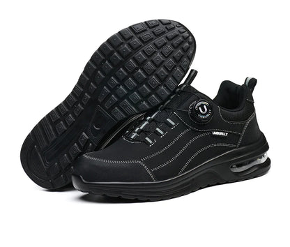 Men's Steel Toe Safety Work Boots Puncture Resistant Kevlar Midsole Air Cushioned Black Button Style Industrial Construction