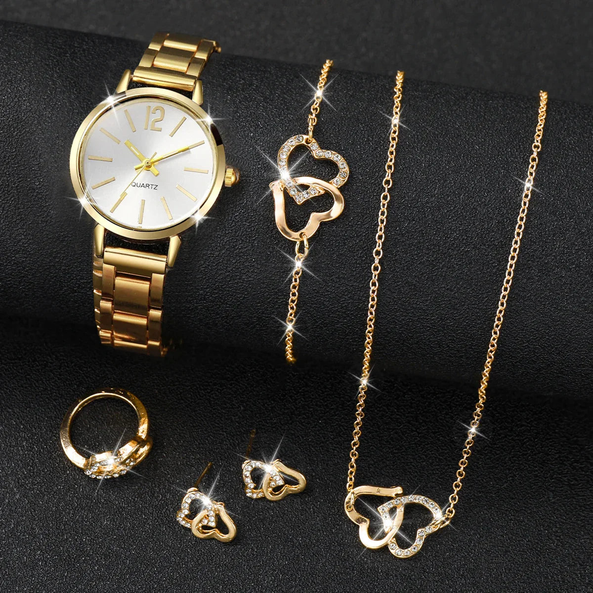 6PCS/Set Simple Scale Dial Women's Watch Fashion Gold Steel Band Quartz Watches Jewelry Set（Without Box）