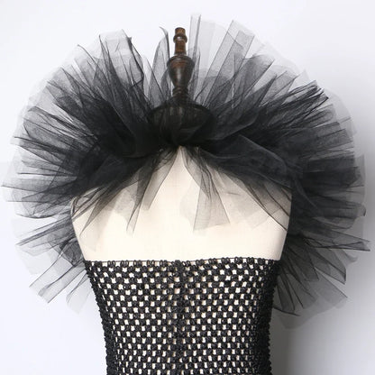 Girls Black Evil Queen Maleficent Tutu Dress Horns Wings Dark Witch Cosplay Carnival Halloween Costume for Kids Fancy Clothes