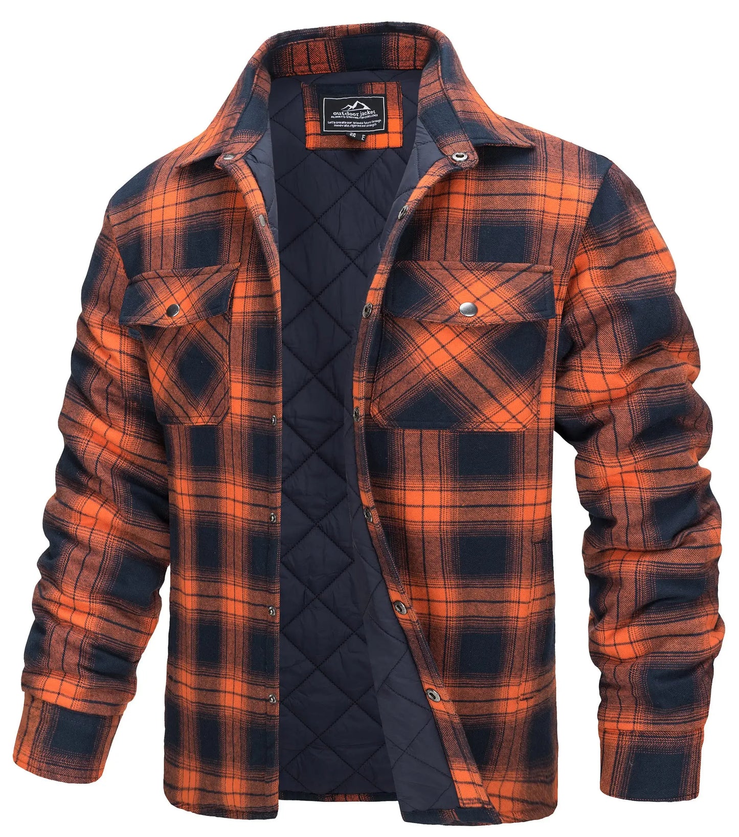 Winter Plaid Cotton Jackets Mens Long Sleeve Quilted Lined Flannel Shirt Jacket Multi-Pockets Outwear Hiking Coats Tops