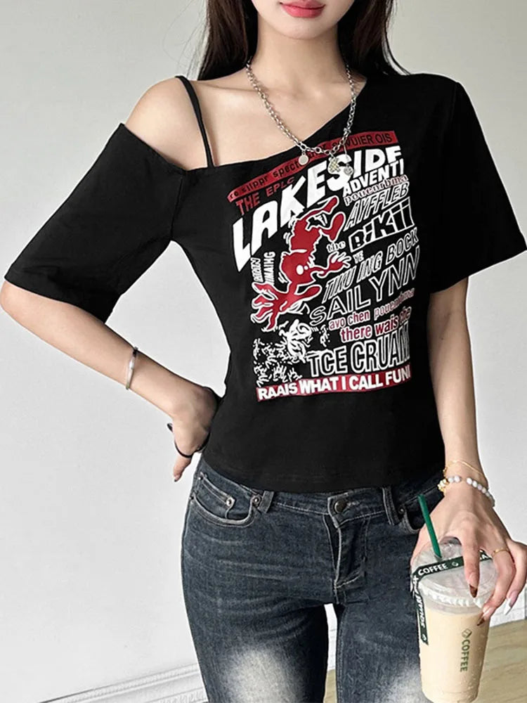 Tee Y2k Letter Print Off Shoulder Punk T-shirts Women Harajuku Summer Streetwear Grunge T Shirt Aesthetic Sexy Crop Tops