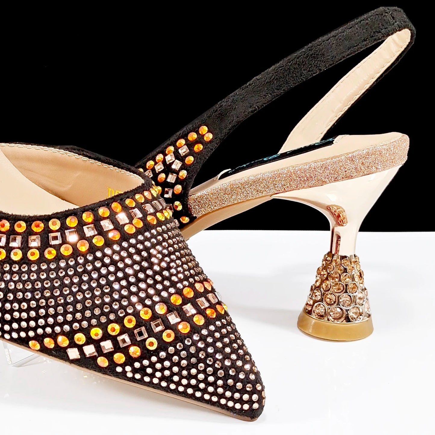 Italian Pumps and Bag To Party 2024 INS Style Pointed-Toe Rhinestone Elegant High Heels Champagne Wedge for Women