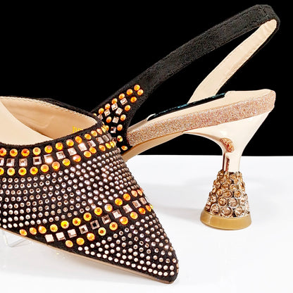Italian Pumps and Bag To Party 2024 INS Style Pointed-Toe Rhinestone Elegant High Heels Champagne Wedge for Women