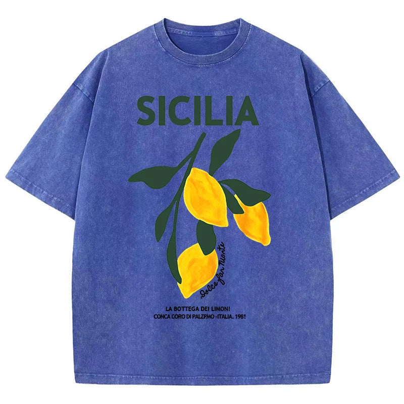Lemon Fruit Design Women Washed T-Shirts Y2K Casual T Shirt Summer Hip Hop Top Cotton Loose Short Sleeve