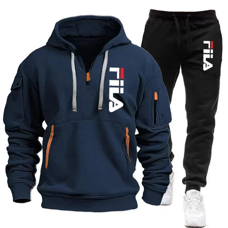 2026 Autumn and winter new men's multi pocket zipper hooded sports shirt+pants two-piece set, men's casual pullover sports set